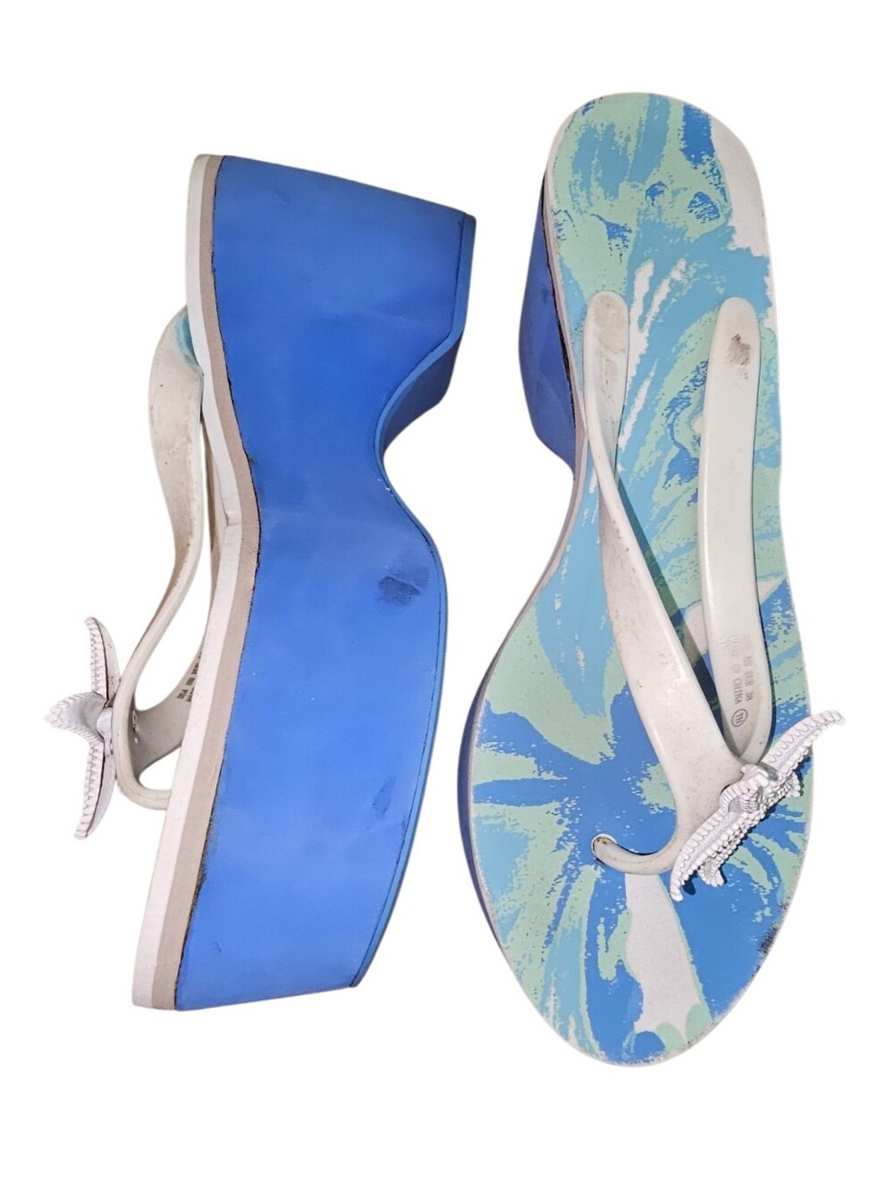 💰Vintage Miss Fisher Blue Platform Wedge Flip Flops